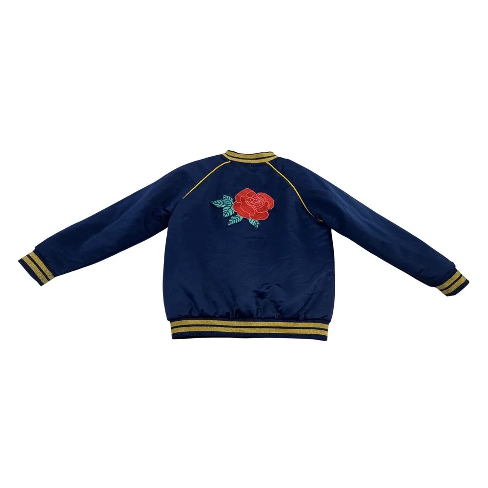 Y2K‎ Disney Princess Belle Bomber Jacket Blue Satin Rose Embroidered Girls